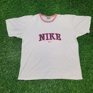 VTG Y2K Nike Silver Tag T-Shirt Mens L Cropped Boxy Spellout White Pink